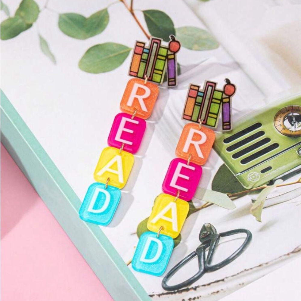 Let’s Read! Colorful Dangle Resin “READ” Earrings.